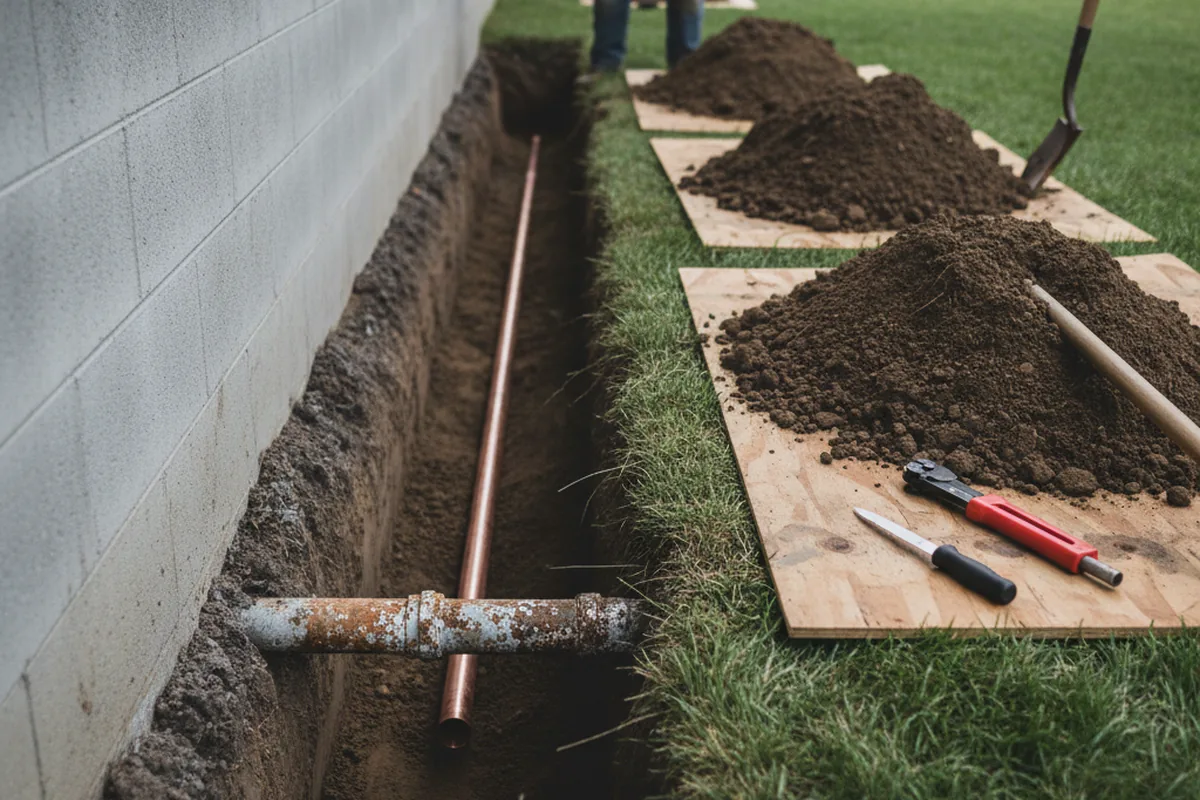 Excavated water line trench during Water Heater Repair in Biddeford